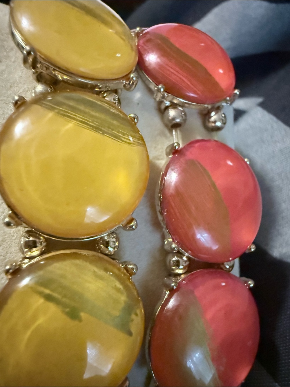 Yellow and Pink Glass Cabochon Statement Bracelets Set of 2